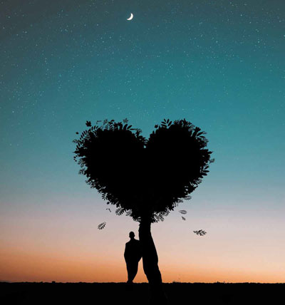 A silhouette of a man standing beside a heart-shaped tree, hoping to find love